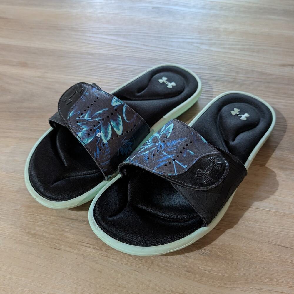 Under Armour Floral Print Slide Sandals Black Blue Green Size 8